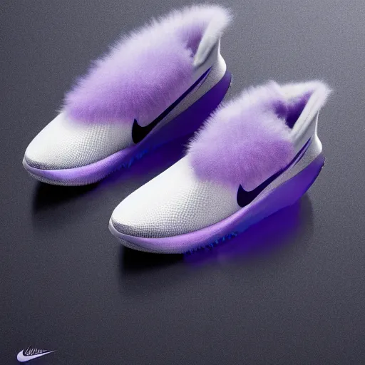 Image similar to futuristic nike shoe made of very fluffy purple faux fur placed on reflective surface, professional advertising, overhead lighting, heavy detail, realistic by nate vanhook, mark miner