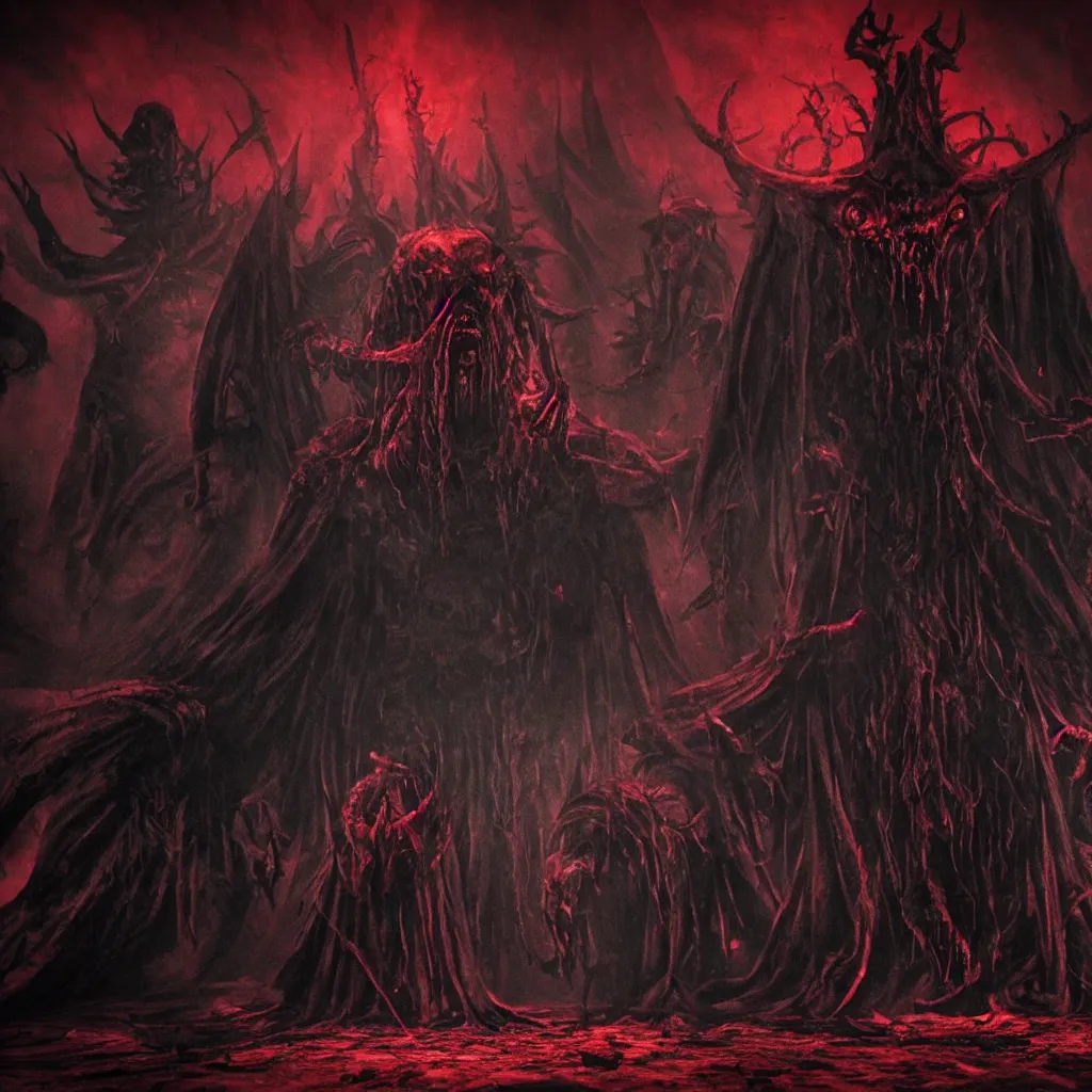 Image similar to bloodcult members summon an abomination, central composition, dark and mysterious, atmospheric, ominous, eerie, cinematic, 4k, ultra detail, ultra realistic