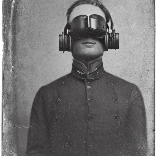 Image similar to tintype photo of a man from the 1800s using a wired vr headset