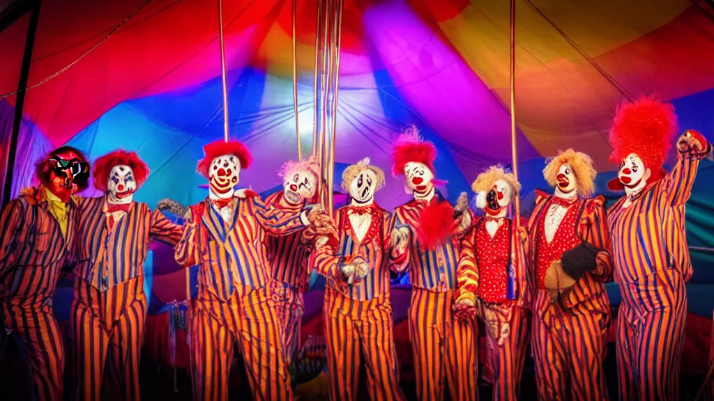 Image similar to of a gang of circus clowns, drinking alcohol, inside a circus tent, 4K