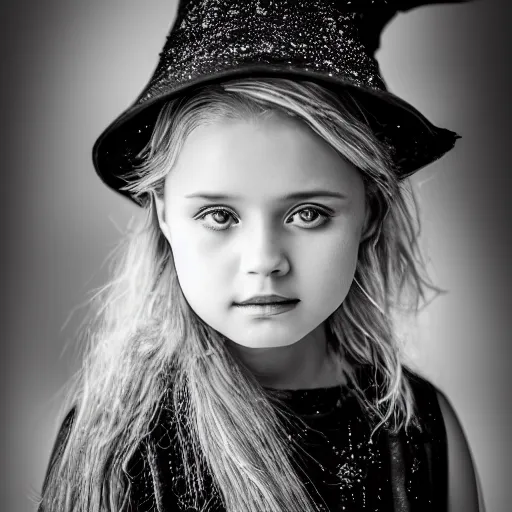 Image similar to stunning portrait photography of young beautiful witch princess from national geographic award winning, dramatic lighting, taken with canon 5d mk4, sigma art lens, monochrome