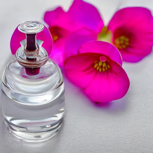 Image similar to perfume bottle sitting on a white surface surrounded by a plethora of deep - pink dew - drop flowers, bright white realistic, up close shot, white background, zen, light, modern minimalist f 2 0