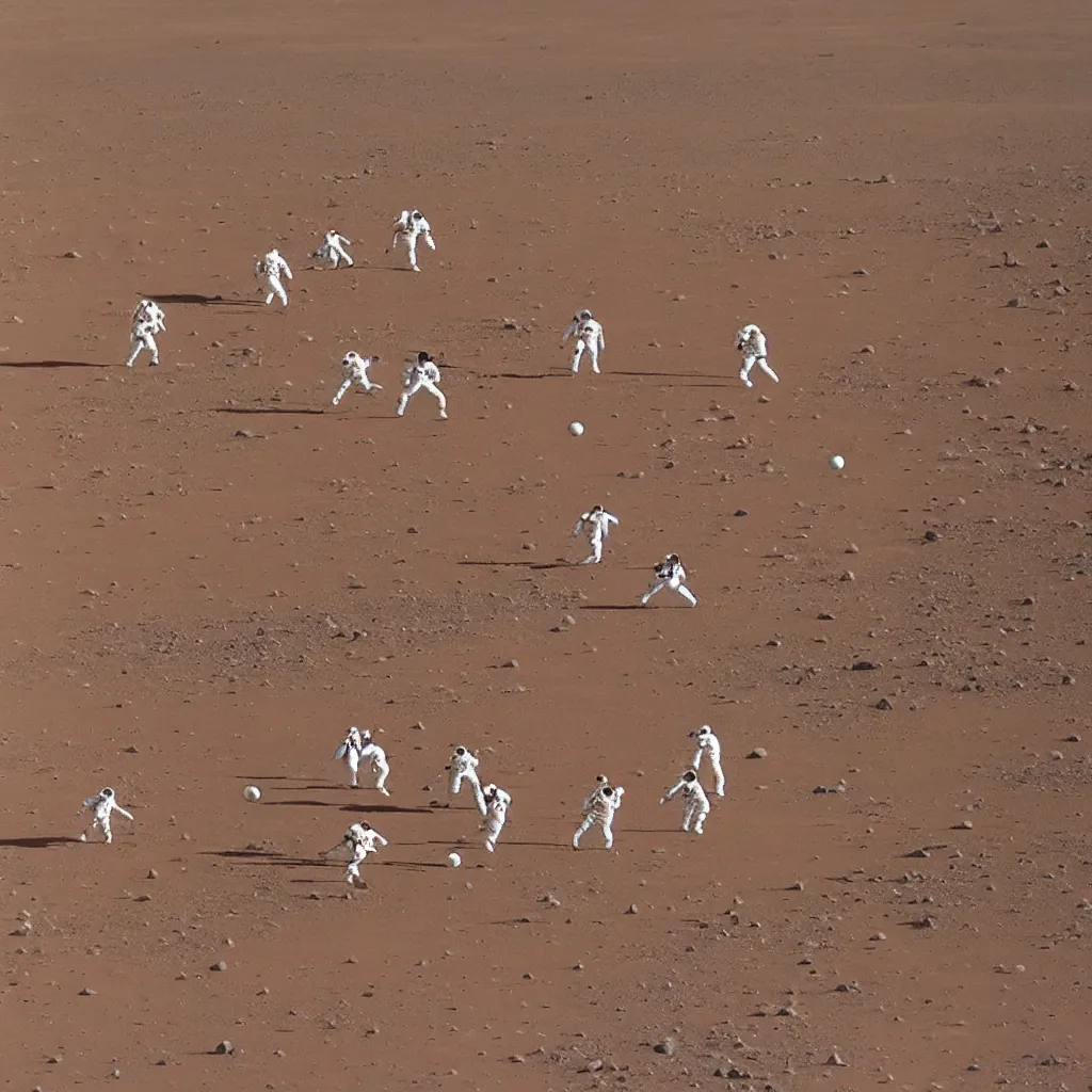 Image similar to astronauts playing soccer match on mars