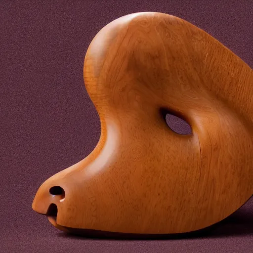 Prompt: a zoomed out studio product shot of a rounded carved smooth cherry wood and resin hippopotamus in profile, like a catalog photograph, where distinct sections of the carving are blue resin, but is mostly wood, with a smooth featureless minimalist short wooden nose with no nostrils, and a round minimalist behind