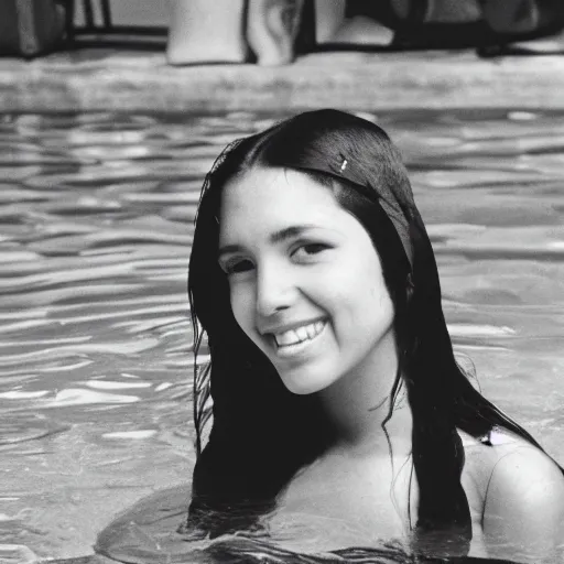 Image similar to clear photo of a beautifu and youngl female native american singer with long dark hair in a pool taken in 1 9 7 6, black and white photography, high quality, 7 0 s style photography, pool