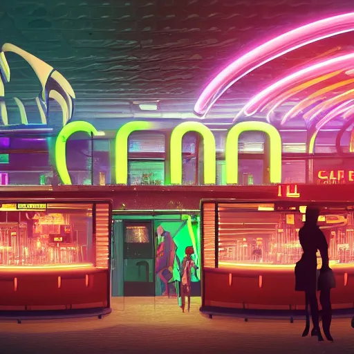 Image similar to the nightcafe ai art cyber cafe, neon futuristic ambiance, the sound of keyboards typing can be heard, a light buzz from the monitors being on, hyper realistic concept art 8 k resolution