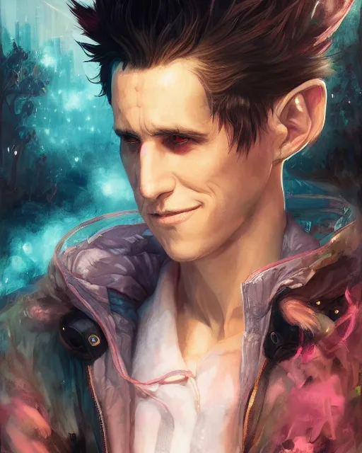 Prompt: beautiful fantasy character portrait, donnie darko, wearing oversized puffy pink bomber jacket and black bikini, ultra realistic, wide angle, seductive pose, cyberpunk artifacts, highly detailed by peter mohrbacher, pixar, malti klarwein, boris vallejo, aaron horkey, gaston bussiere, craig mullins