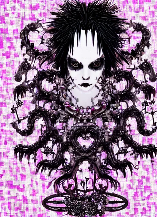 Image similar to baroque bedazzled gothic royalty frames surrounding a pixelsort emo demonic horrorcore japanese Edward Scissorhands, sharpened early computer graphics, remastered chromatic aberration