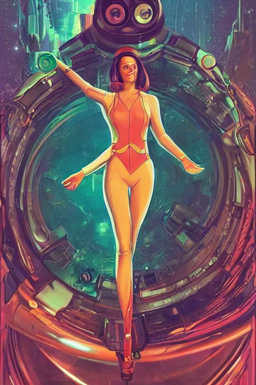 Prompt: attractive female android in feminine pose on a hyper-maximalist overdetailed retrofuturist scifi bookcover illustration from '70s. Inspired by vincent di fate. Biopunk, solarpunk style. Daytime