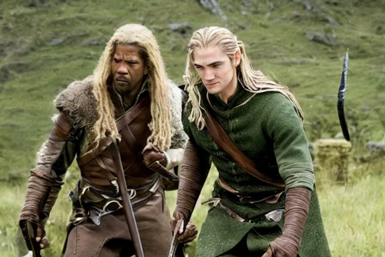 Prompt: Film still of Denzel Washington as Legolas in the movie Lord of the Rings