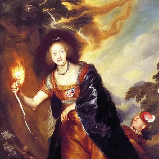 Image similar to female portrait, Theresa May as a smiling hapa sorceress chasing will-o-wisps casting a fireball in a garden, detailed painting by Anthony Van Dyck