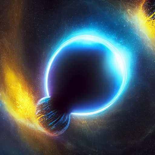 Image similar to glowing glorious 3D black hole in movie, intergalactic, space theme, galaxy colored, hyperdetailed, digital painting, trending on Artstation, cel-shading style, CG society, hyperdetailed, digital painting, hypermaximalist, golden ratio, volumetric, octane render, weta digital, micro details, 3d sculpture