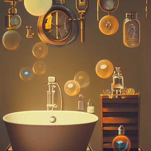 Prompt: steampunk bright tiny bathroom in the warm morning light, soap, bubbles, small perfumes, beautifully lit, painting, high resolution, trending on artstation