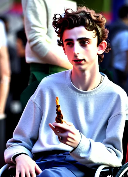 Prompt: timothee chalamet smoking a blunt sitting in a wheel chair, photo, realistic