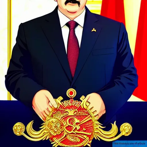 Image similar to president of belorussia, alexander lukashenko in anime with golden long wand in his hands in anime style, sailor moon, anime, perfect faces, fine details
