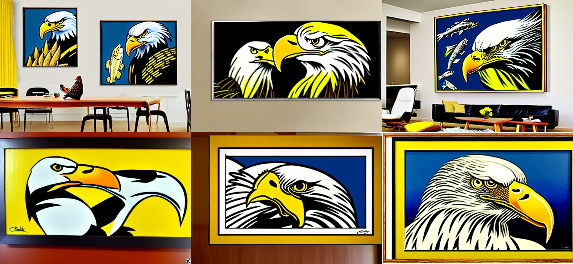 Prompt: action shot of bald eagle and fish, black and yellow and white framed painting hanging in normal looking modern home, carl barks, cel shading