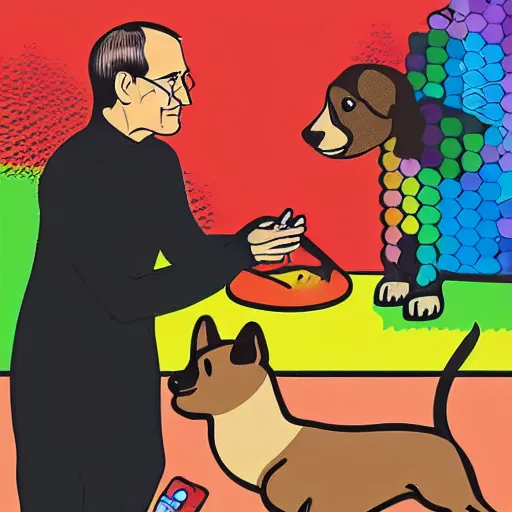 Prompt: Steve Jobs playing with a light brown puppy, pop art, highly detailed