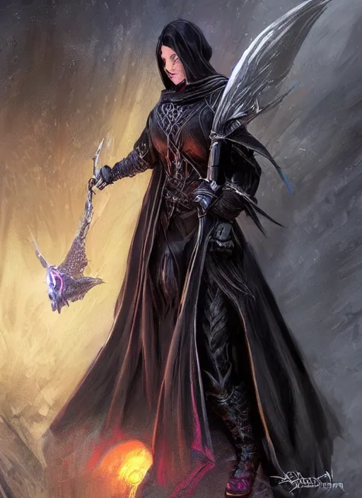 Image similar to dark black cloak female priest, ultra detailed fantasy, dndbeyond, bright, colourful, realistic, dnd character portrait, full body, pathfinder, pinterest, art by ralph horsley, dnd, rpg, lotr game design fanart by concept art, behance hd, artstation, deviantart, hdr render in unreal engine 5