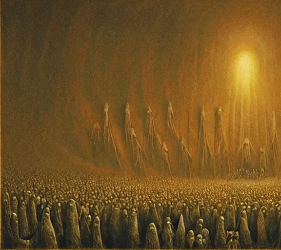 Image similar to a large amount of cultist followers gathered in front of a cult leader's stage, view from stage, in the style of beksinski