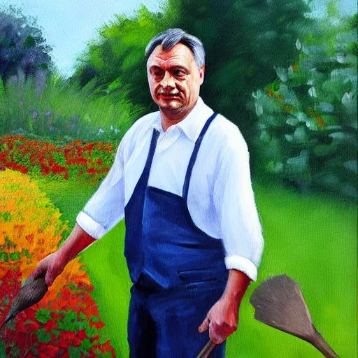 Prompt: viktor orban gardening, oil painting