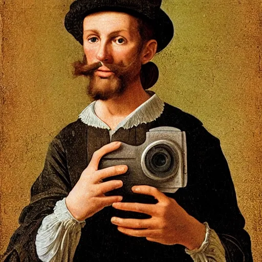 Prompt: a picture of a man holding a digital camara in the year 1 6 0 0, realism, highly detailed,