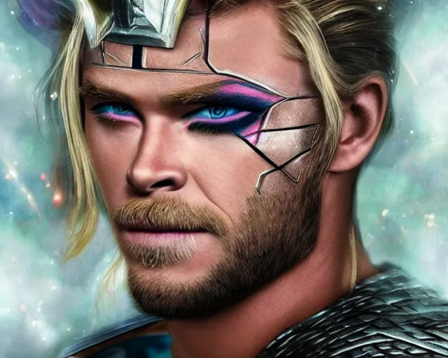 Image similar to chris hemsworth as thor with drag queen makeup, digital art, amazing detail