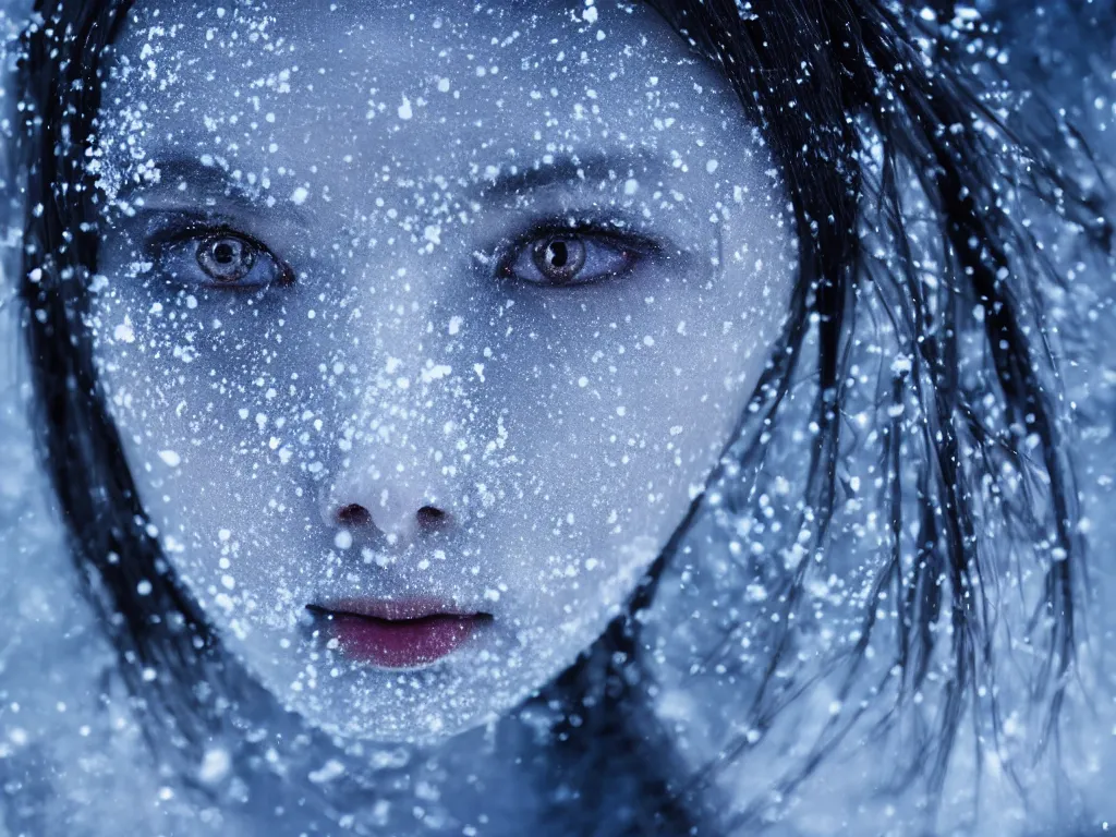 Prompt: the piercing blue eyed stare of yuki onna, mythology, freezing blue skin, mountain blizzard and snow, canon eos r 6, bokeh, outline glow, asymmetric unnatural beauty, blue skin, centered, rule of thirds