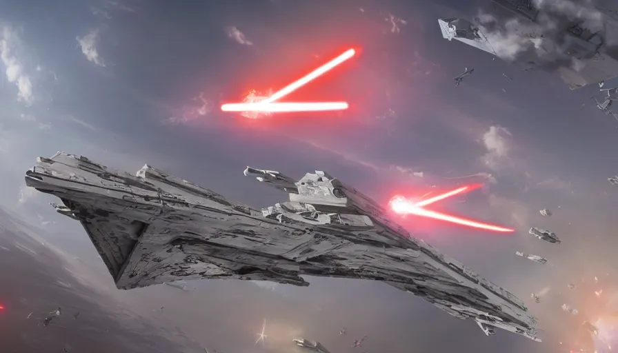 Prompt: Movie scene of Star Wars's Star Destroyers exploding in the sky, hyperdetailed, artstation, cgsociety, 8k