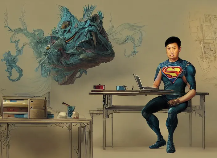 Image similar to an insanely detailed painting of an asian man wearing a homemade superhero costume, sitting at a desk, staring seriously at the computer and typing, in the style of peter mohrbacher, james jean, artgerm, dramatic lighting and composition, surreal background, octane render, pixar, trending on artstation, concept art, comic book, view from behind, 8 k