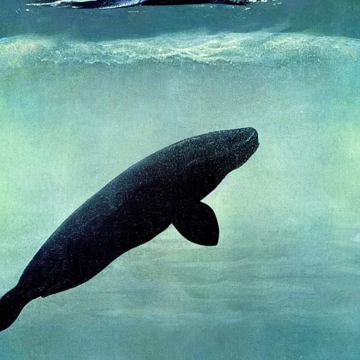 Prompt: elegant portrait of a right whale deep under water by norman rockwell and james audubon and ohara koson, realistic, cinema 4 d, unreal engine, aesthetically pleasing, super high quality art, epic lighting, cinematic.