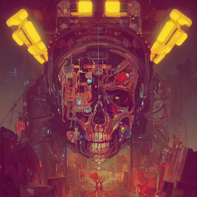 Image similar to a beautiful painting of a ( cyberpunk ) skull by simon stalenhag and pascal blanche and alphonse mucha! and nekro. in style of digital art. colorful comic, film noir, symmetry, hyper detailed. octane render. trending on artstation