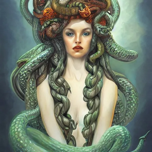 Image similar to realistic mythological greek medusa with snakes on the head, by anna dittmann