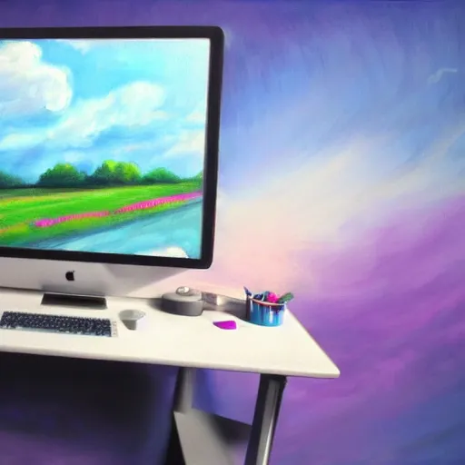 Image similar to realistic panting of a desk on a purple field blue clouds highly detailed trending on art station