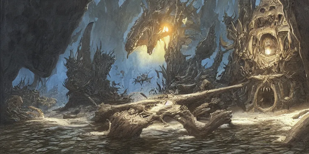 Image similar to art by john howe of the repelling of invaders by making a deal with the devil and finding a secret underwater entrance.