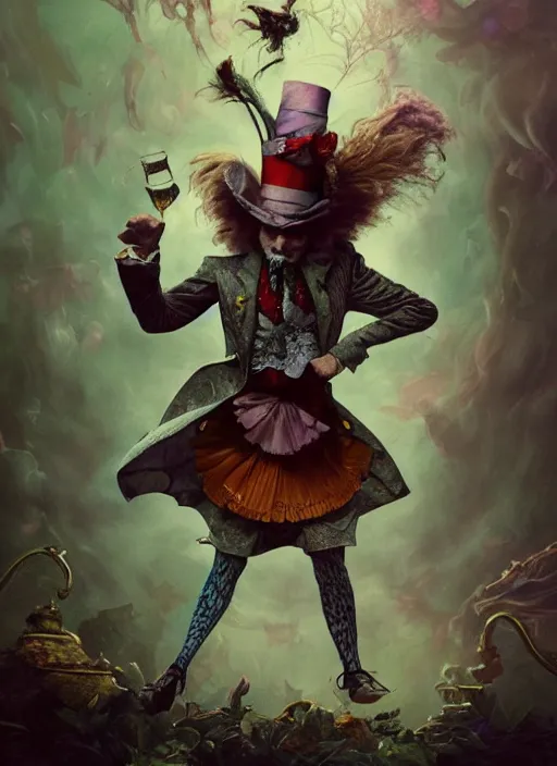 Image similar to alice in wonderland mad hatter the magician tarot card, highly detailed, cinematic, 8 k, by stanley artgermm, tom bagshaw, greg rutkowski, carne griffiths, ayami kojima, beksinski, giger, trending on deviantart, hyper detailed, horror, full of colour