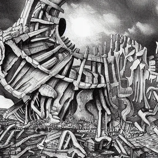 Image similar to Giant skeleton destroying kingdom, detailed art, surrealistic