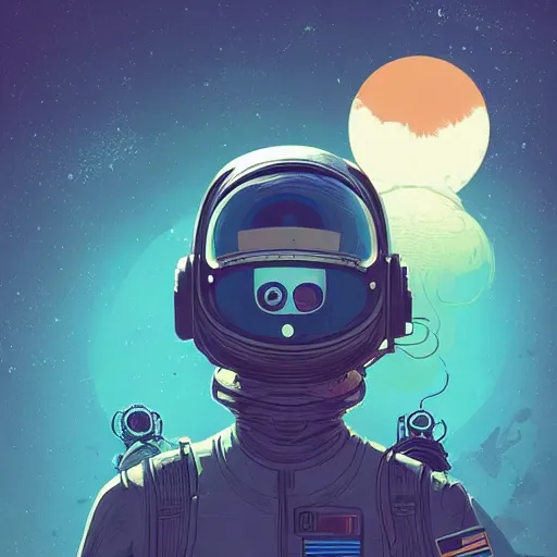 Image similar to view of a future cosmonaut with helmet having cybernetics and wirings exploring a jungle, d & d, trending on artstation, art by rossdraws, petros afshar, tom whalen, laurie greasley and greg rutkowski and ilya kuvshinov, global illumination