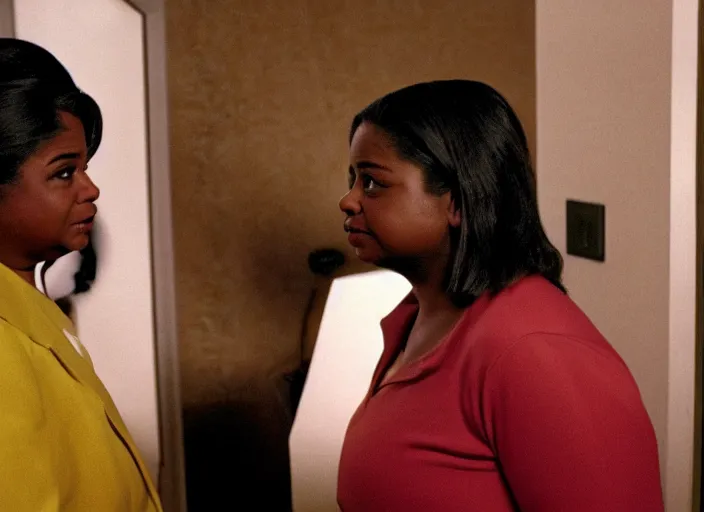 Image similar to cinematic shot of octavia spencer confronts joe manchin in a motel, in the near future, iconic scene from the paranoid thriller sci fi film directed by stanley kubrick, color theory, apartment design, leading lines, photorealistic, volumetric lighting, shot on color kodak stock