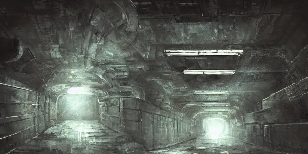 Image similar to faded steel industrial spaceship narrow tunnel catwalk sci - fi, digital paining, moody lighting