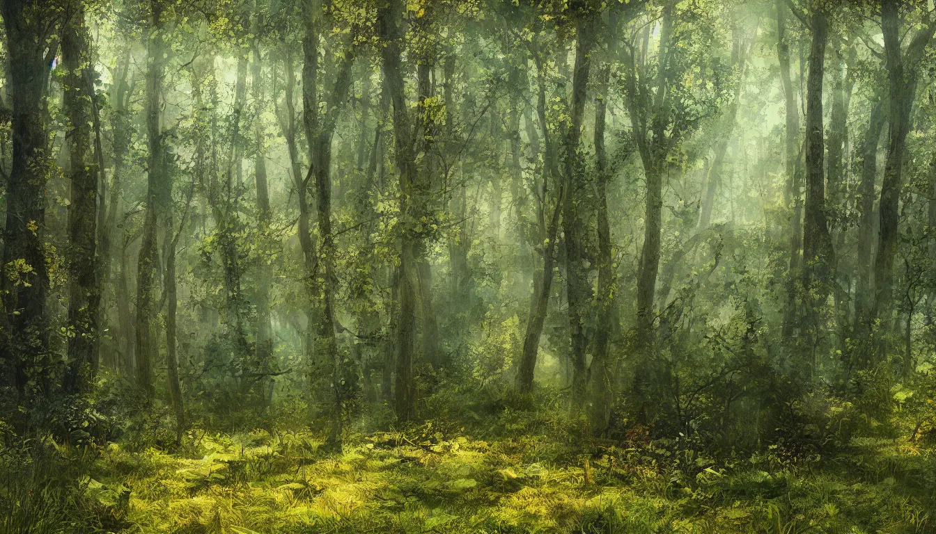 Prompt: a clearing in a forest, digital art, highly detailed, realistic, bright colors, 8 k, trending on arstation