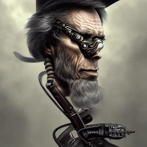 Image similar to clint eastwood as steampunk grim reaper, scifi, intricate, elegant, highly detailed, digital painting, artstation, concept art, smooth, sharp focus, illustration, art by giger