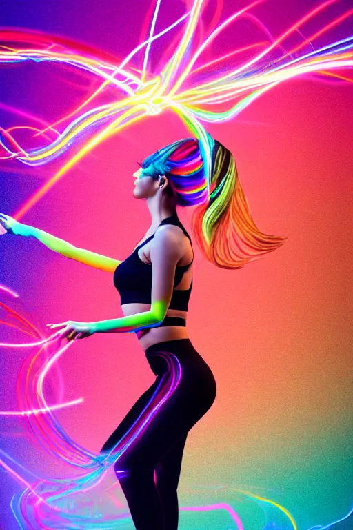 Image similar to a award winning half body portrait of a beautiful woman with stunning eyes in a croptop and leggings with reinbow colored ombre hairstyle head in motion and hair flying while dancing by thomas danthony, surrounded by whirling illuminated lines, outrun, vaporware, shaded flat illustration, digital art, trending on artstation, highly detailed, fine detail, intricate