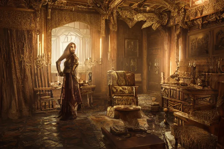 Image similar to the elder scrolls vi, charismatic regal brunette female jarl, portrait, rustic throne room, atmospheric lighting, painted, intricate, volumetric lighting, beautiful, daytime,, slight overcast weather, 4 2 0 0 k, sharp focus, deep colours, ultra detailed, by leesha hannigan, ross tran, thierry doizon, kai carpenter, ignacio fernandez rios