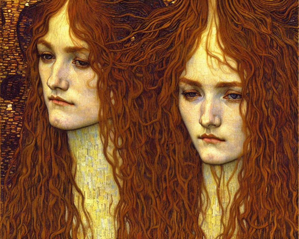 Image similar to detailed realistic beautiful young medieval queen face portrait by jean delville, gustav klimt and vincent van gogh, art nouveau, symbolist, visionary, gothic, pre - raphaelite, muted earthy colors, desaturated