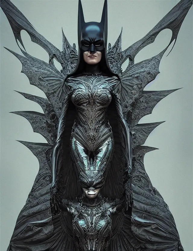 Image similar to 3 d goddess batman, beautiful intricately detailed costume. artwork by giger and dali and beeple and greg rutkowski