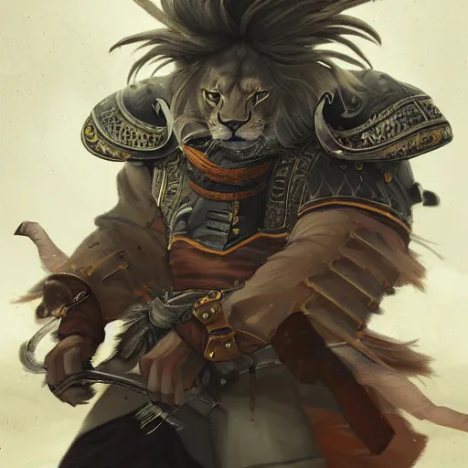 Image similar to lion as an samurai, backround dark, highly detailed, digital illustration, trending in artstation, modern painting, smooth, sharp focus, intricate, by peter mohrbacher