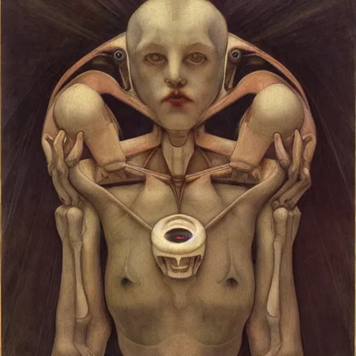 Image similar to weeping robot wearing the bone crown, by Annie Swynnerton and Diego Rivera and Evelyn De Morgan, symbolist, dramatic lighting, elaborate geometric ornament, Jugendstil ,god rays, soft cool colors,smooth, sharp focus, extremely detailed, Adolf Wölfli