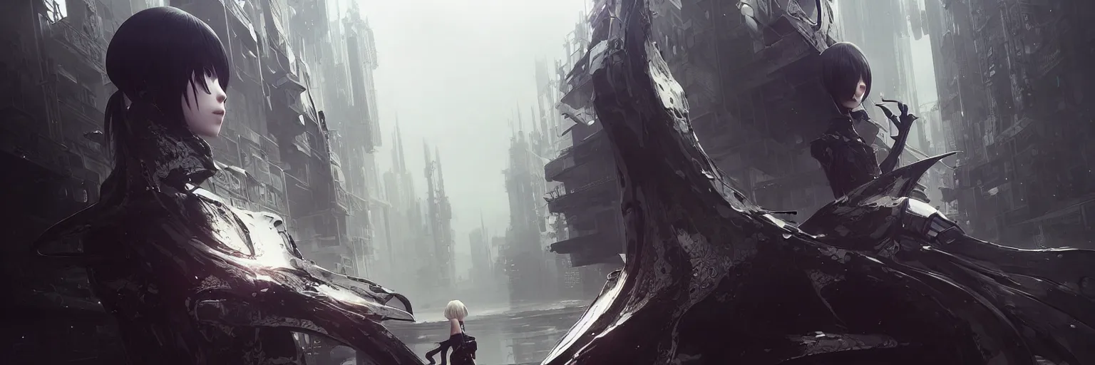 Image similar to realistic render octa from drakengard 3 by ross draws, futuristic dystopian city by ilya kuvshinov, digital art by ross tran, extreme intricate details, composition by sana takeda, lighting by greg rutkowski