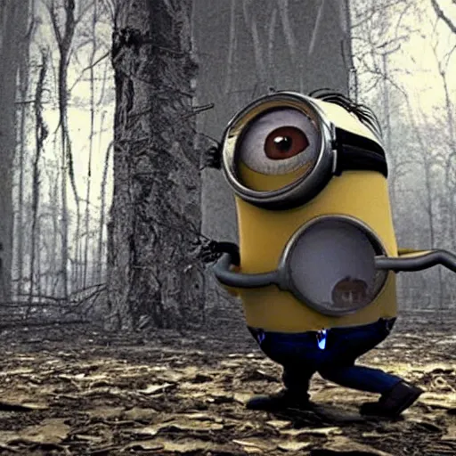 Prompt: a still of a minion in the blair witch project, hyper realistic