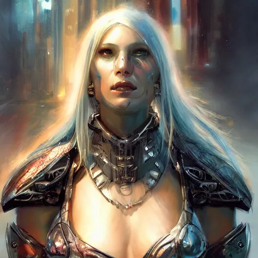 Image similar to aesthetic warrior sorceress in scale armor portrait by Raymond Swanland, cyberpunk, sci-fi cybernetic implants